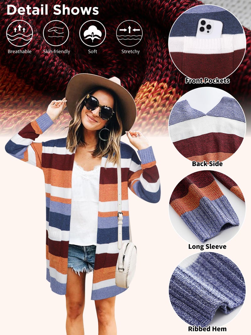 ECOWISH Women Cardigan Sweaters Long Floral Striped Winter Long Sleeve Kimono Open Front Cozy Knitted Daisy Fuzzy Outwear Pocket - Image 2